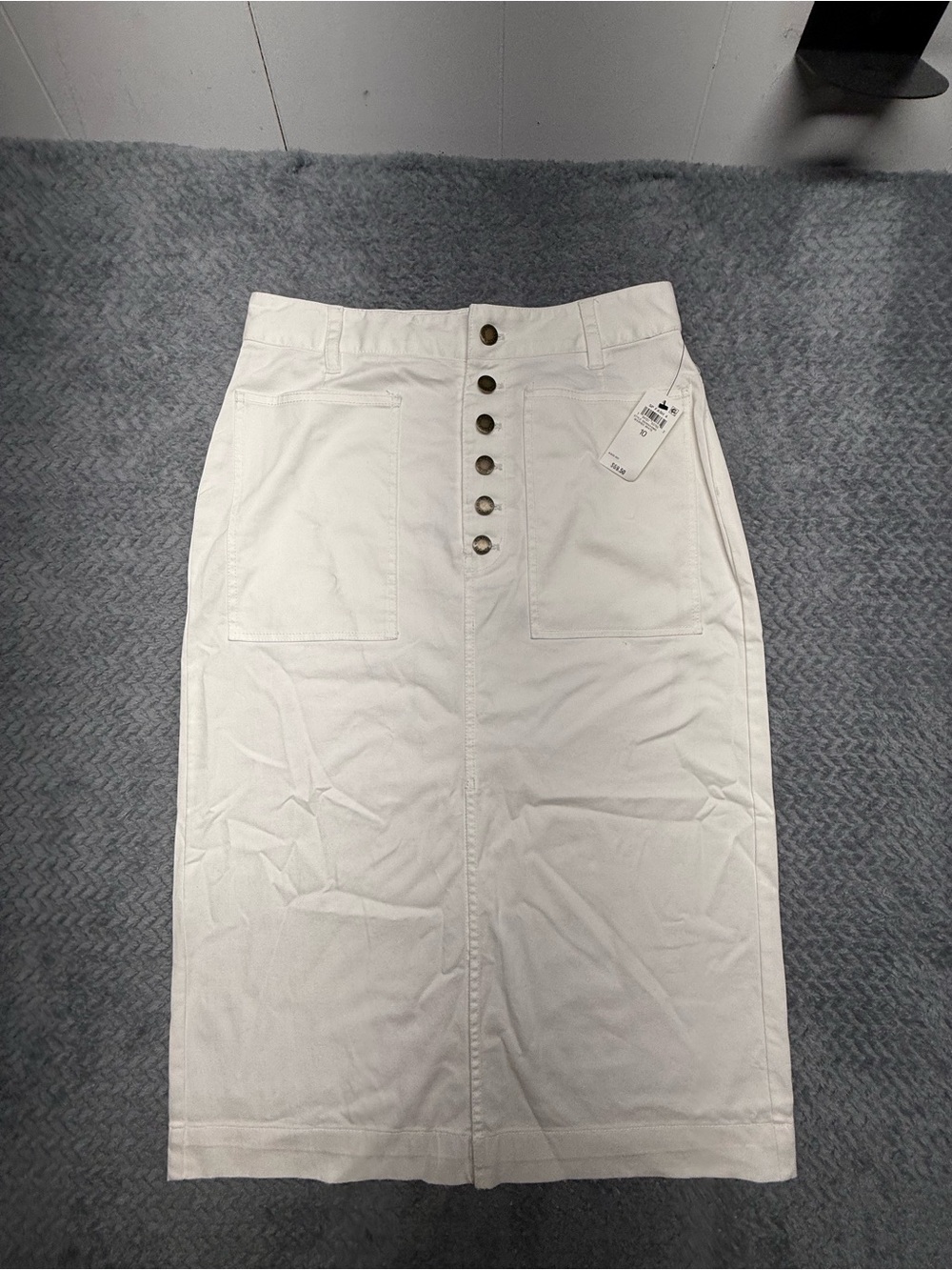 High-Waist Button-Front White Midi Skirt